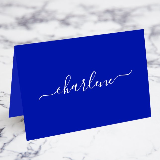 Tarjetas de Nombre Elegantes de Azul Real y Blanco (Royal Blue and White Elegant Signature Script Individual Name Fold Your Own Place Cards)