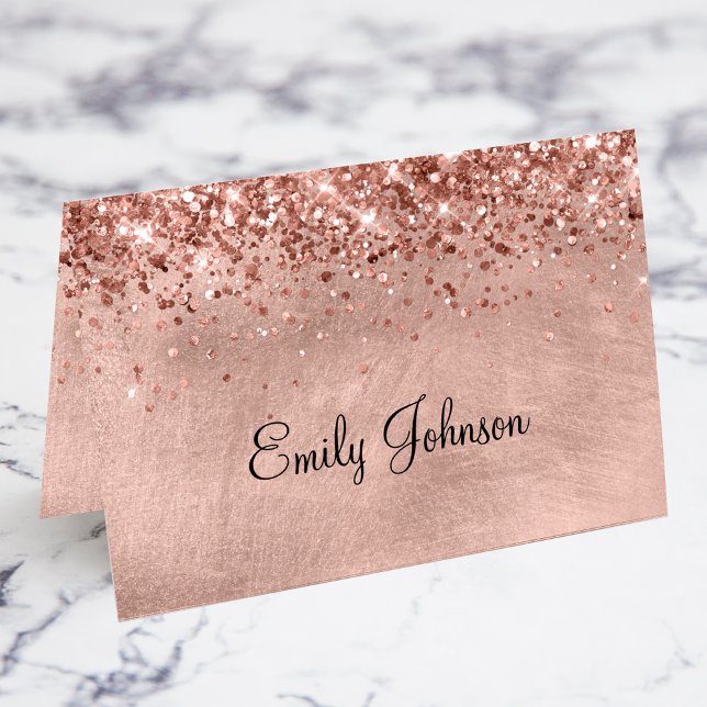 Tarjetas de nombre individuales de rosa dorado con (Glittery Rose Gold Individual Name Fold Your Own Place Cards)