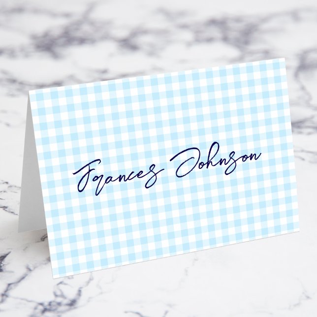 Tarjetas de nombre personalizadas de gingham azul  (Pastel Blue Gingham Individual Name Place Cards)