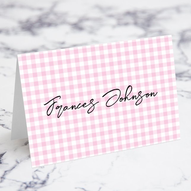 Tarjetas de nombre personalizadas de gingham rosa  (Pastel Pink Gingham Individual Name Place Cards)