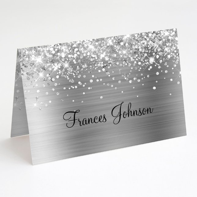 Tarjetas de nombre plateadas y brillantes para dob (Fold Your Own Glittery Blue Name Place Cards)