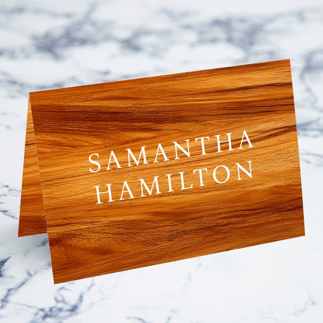 Tarjetas de nombre y lugar de madera de teca falsa (Faux Teak Wood White Name Place Cards)