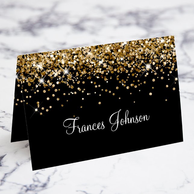 Tarjetas de nombre y lugar individuales con brillo (Gold Glitter Black Individual Name Place Cards)