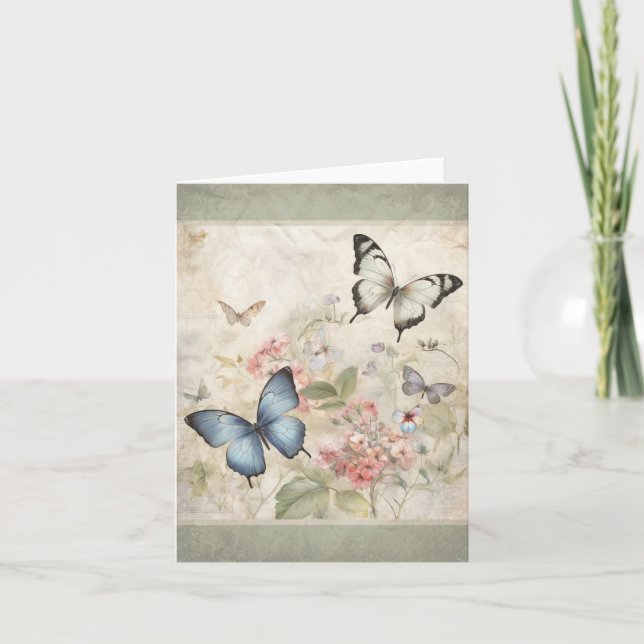 Tarjetas de nota de mariposas en el jardín con asp (Anverso)