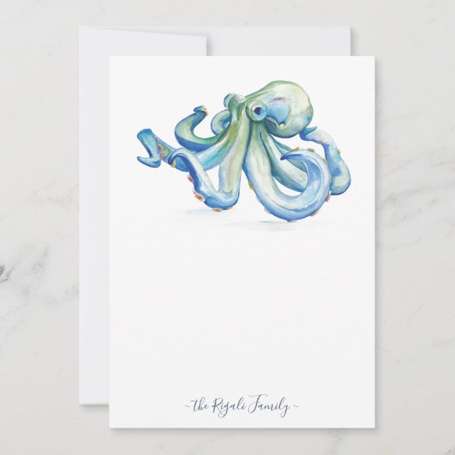 Tarjetas De Nota De Octopus Azul De Acuarela Con S (Anverso)