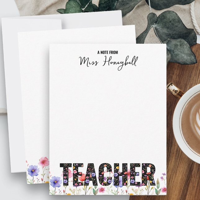 Tarjetas de nota de una nota de la maestra Flores  (A note from Teacher personalized note cards from my Teacher Gifts Collection)