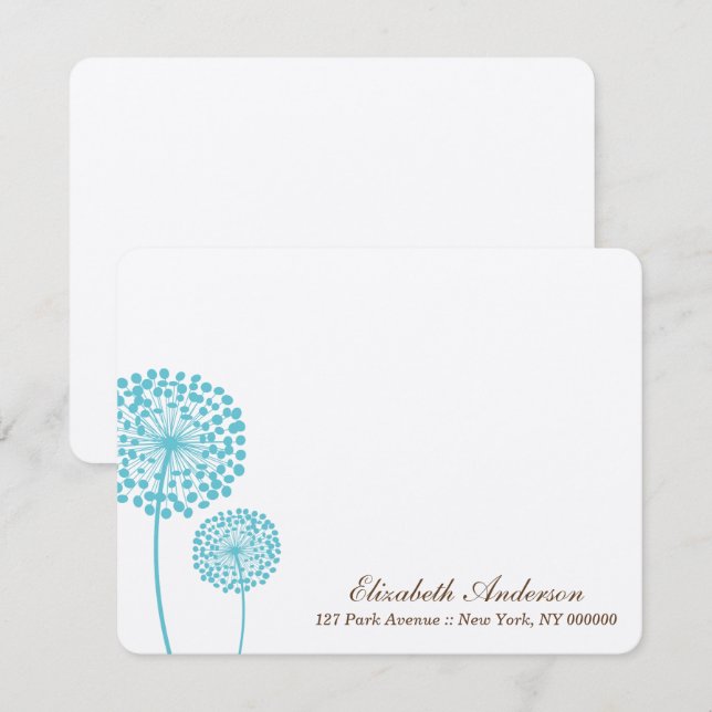 Tarjetas de nota plana Aqua Dandelions Sweet (Anverso / Reverso)