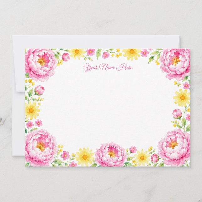 Tarjetas de notas botánicas de peonía rosa en acua (Anverso)