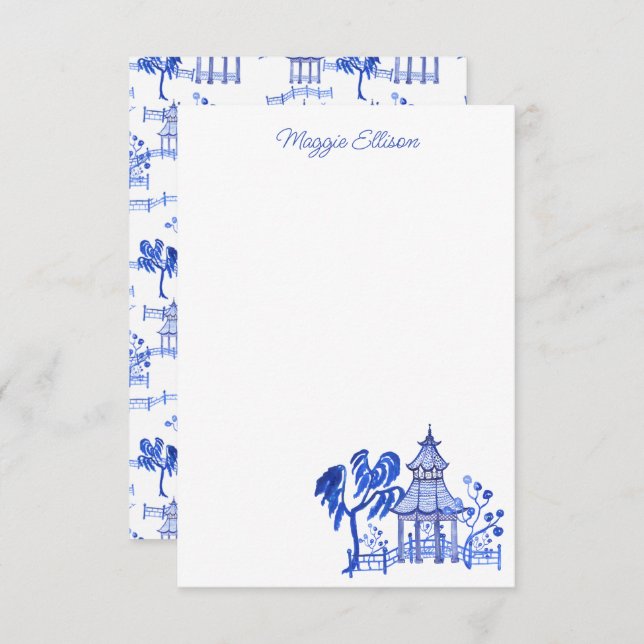 Tarjetas de notas Chinoiserie Watercolor Blue Pago (Anverso / Reverso)