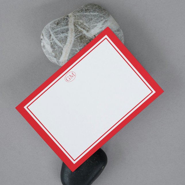 Tarjetas de notas con borde rojo de monograma mini (Minimalist RED Border Monogram Note Card
)