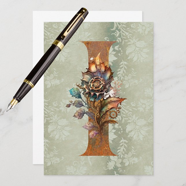 Tarjetas de notas con letra I floral Steampunk vin (Flat note card with or without envelope. Add a personalized touch to any note.)