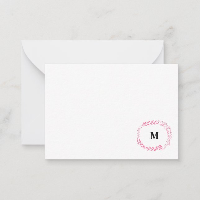 Tarjetas de notas de monograma floral rosa (Anverso)