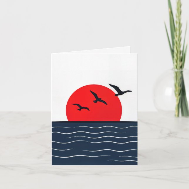Tarjetas de notas Gaviotas en sol rojo en el océan (Anverso)