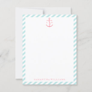 Tarjetas de notas monogramadas con ancla rosa sobr