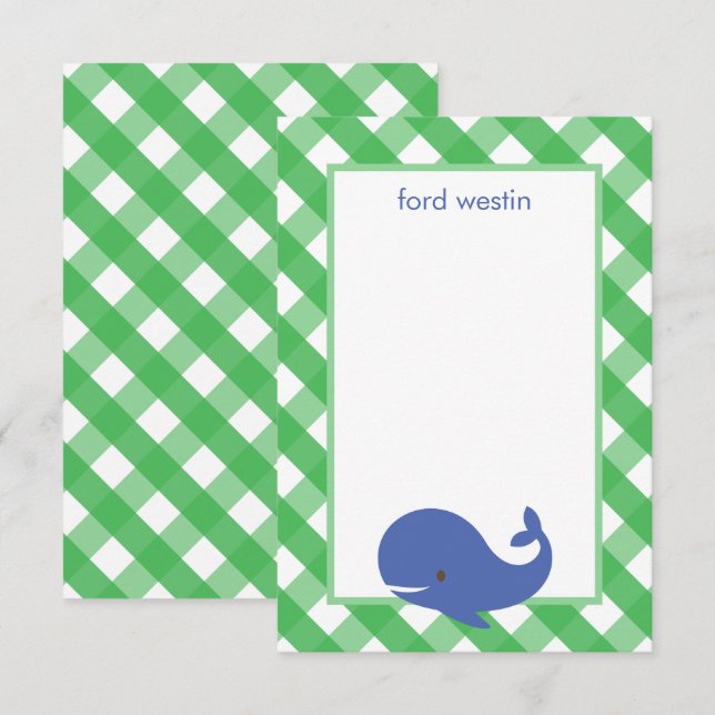 Tarjetas de notas personalizadas de Gingham Whale (Anverso / Reverso)