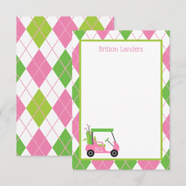 Tarjetas de notas personalizadas de golf rosa y ve (Anverso / Reverso)