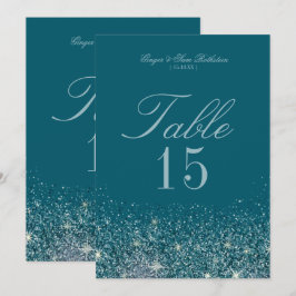 Tarjetas de número de mesa con brillo de azul verd