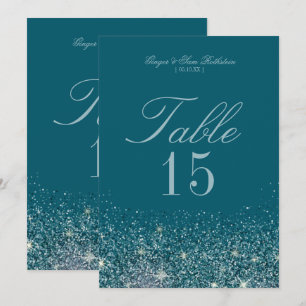 Tarjetas de número de mesa con brillo de azul verd