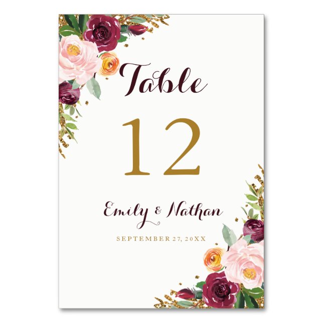 Tarjetas de número de mesa con brillo floral dorad (Anverso)