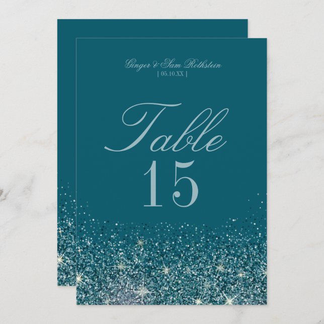Tarjetas de número de mesa con brillo Teal y Mint (Anverso / Reverso)