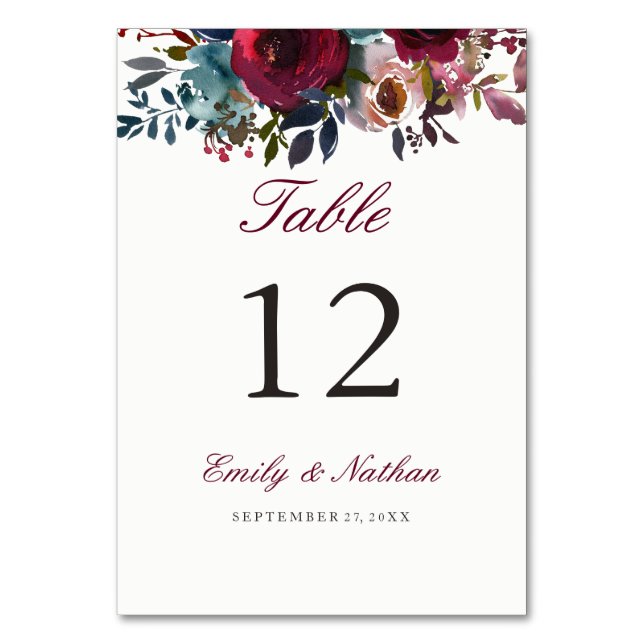 Tarjetas de número de mesa con flores de acuarela  (Anverso)