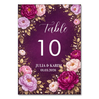 Tarjetas de número de mesa con flores moradas para