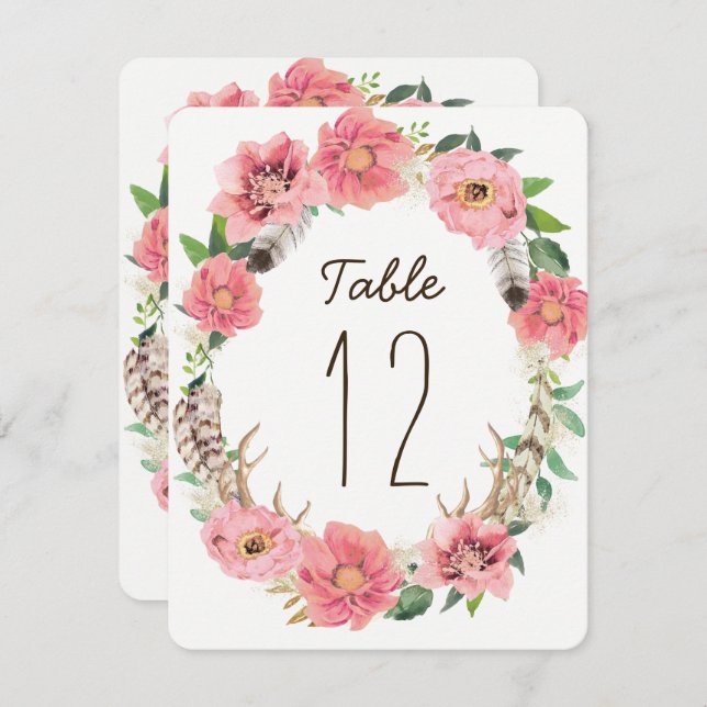 Tarjetas de número de mesa con plumas boho acuarel (Anverso / Reverso)