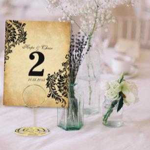 Tarjetas de número de mesa con remolinos de damasc