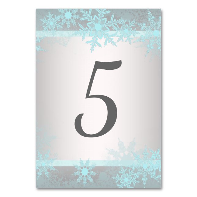 Tarjetas de número de mesa Copo de nieve azul turq (Anverso)