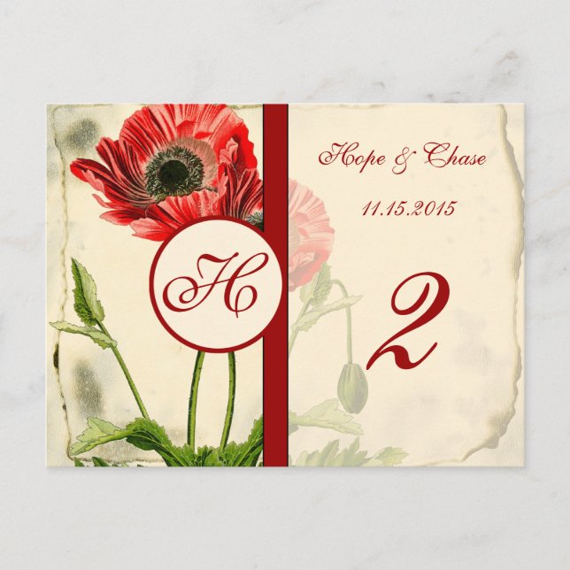Tarjetas de número de mesa de amapola roja desgast (Anverso)