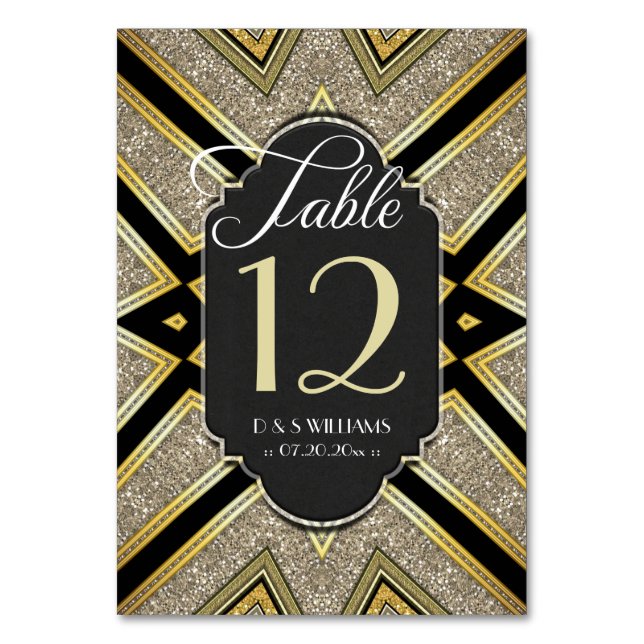 Tarjetas de número de mesa de boda Art Deco Goldy (Anverso)