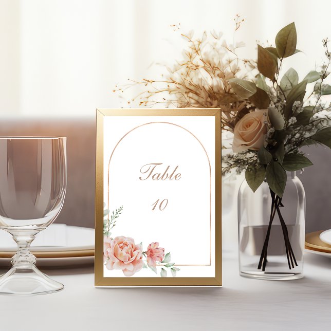 Tarjetas de número de mesa de boda con acuarela fl (Peach watercolor Floral Greenery Rose Gold Arch Wedding Table number cards)