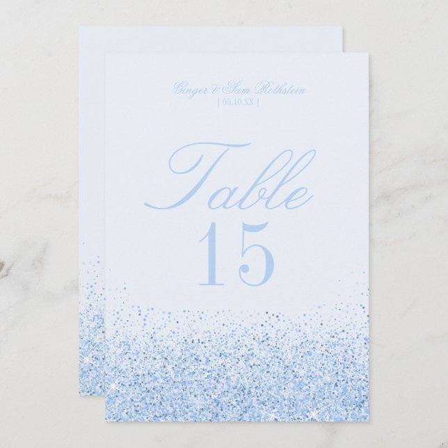 Tarjetas de número de mesa de boda con brillo azul (Anverso / Reverso)