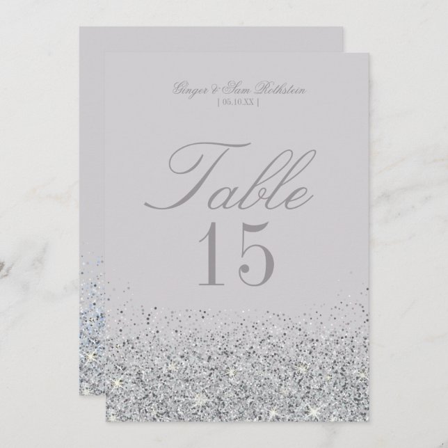 Tarjetas de número de mesa de boda con brillo plat (Anverso / Reverso)