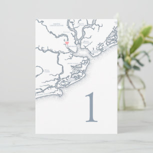 Tarjetas de número de mesa de boda con mapa de Cha