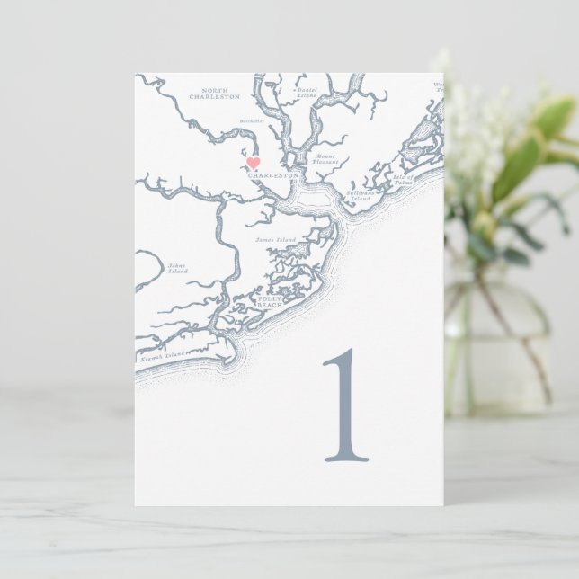 Tarjetas de número de mesa de boda con mapa de Cha (Anverso de pie)