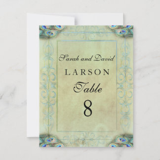 Tarjetas de número de mesa de boda con pavo real v