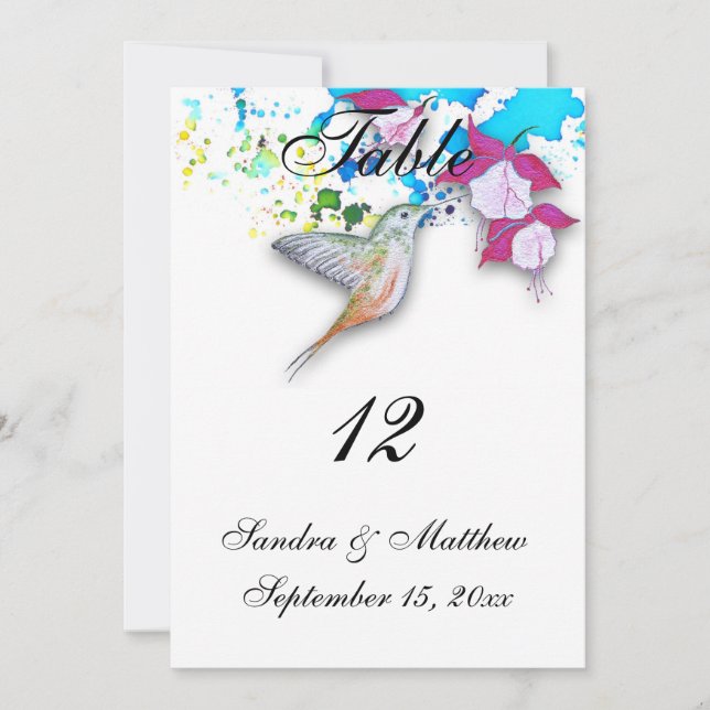 Tarjetas de número de mesa de boda de colibrí y fu (Anverso)