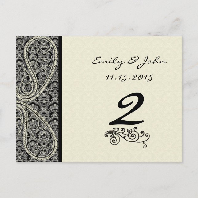 Tarjetas de número de mesa de boda de damasco negr (Anverso)