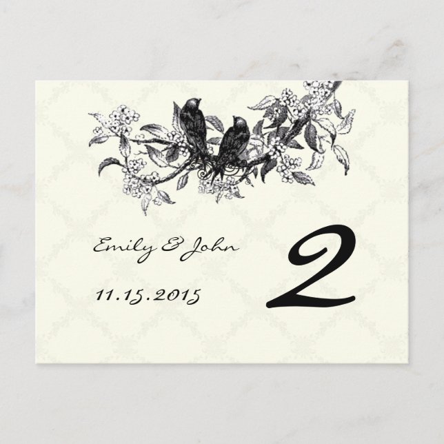 Tarjetas de número de mesa de boda de pájaros vint (Anverso)