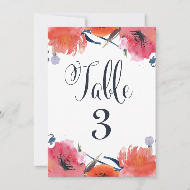 Tarjetas de número de mesa de boda floral acuarela (Anverso)