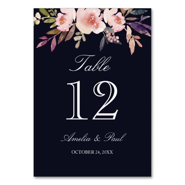 Tarjetas de número de mesa de boda floral acuarela (Anverso)