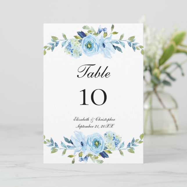 Tarjetas de número de mesa de boda floral verde az (Anverso de pie)