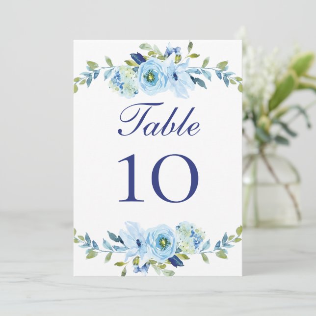 Tarjetas de número de mesa de boda floral verde az (Anverso de pie)
