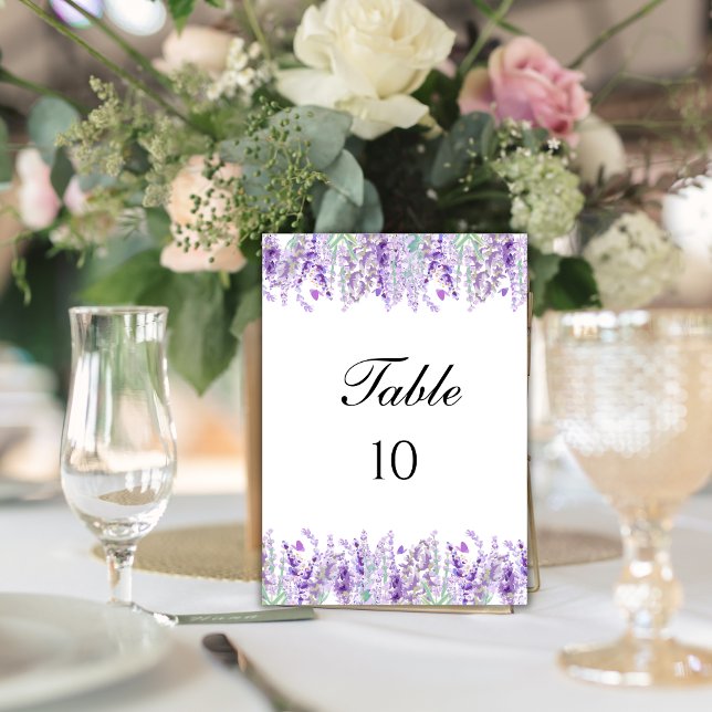 Tarjetas de número de mesa de boda florales de lav (Lavender Botanical Purple Green Wedding table number cards)