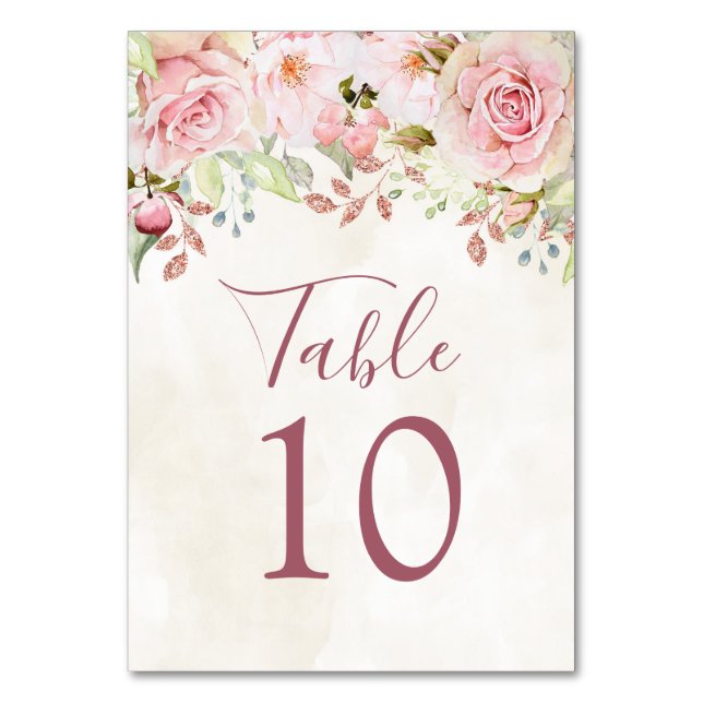 Tarjetas de número de mesa de boda florales rosada (Anverso)