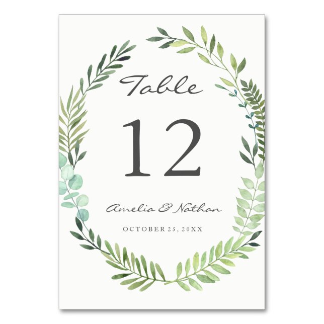 Tarjetas de número de mesa de corona de hoja verde (Anverso)