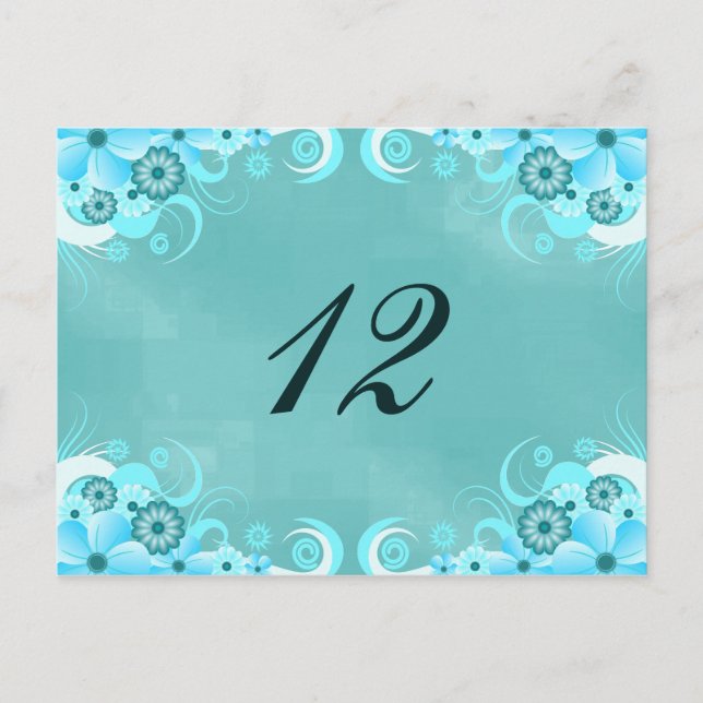 Tarjetas de numero de mesa floral azul turquesa Aq (Anverso)