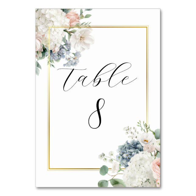 Tarjetas de número de mesa florales de hortensias  (Anverso)