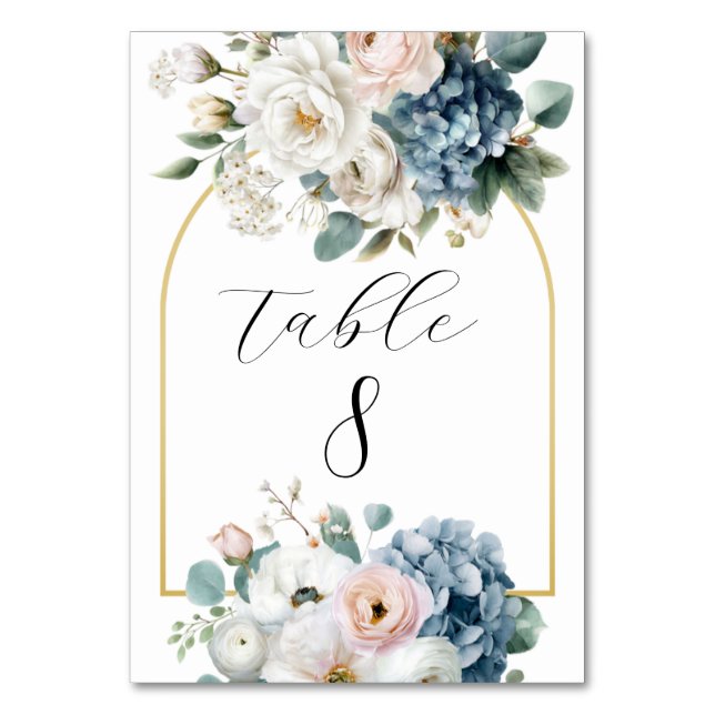 Tarjetas de número de mesa florales de hortensias  (Anverso)